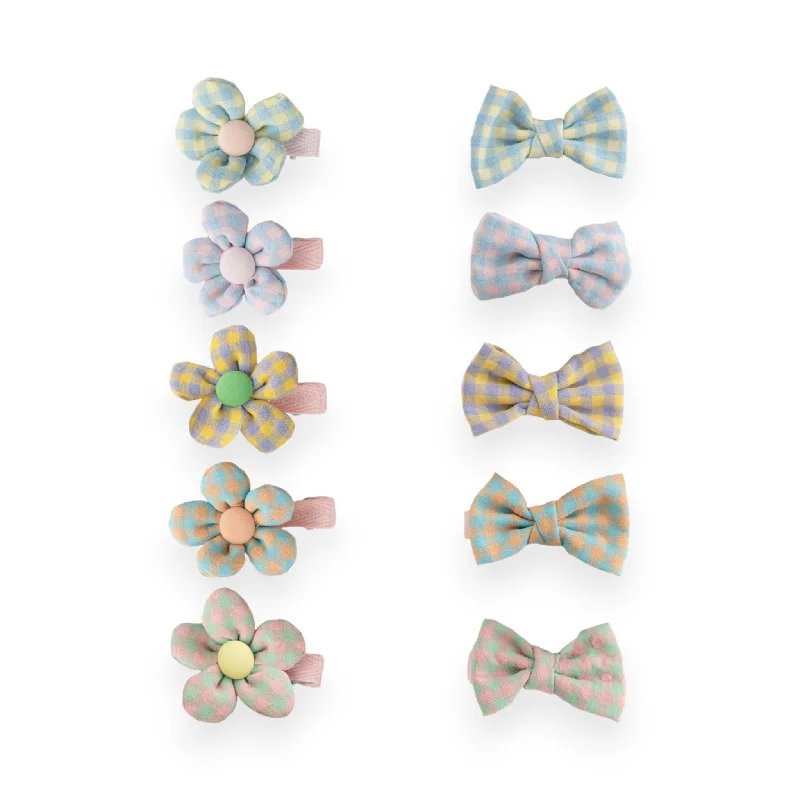 trendy floral clips for casual styling-Summer Crystal Baby Girl Plaid Cotton Flowers and Bows Hair Clips - Pack of 10