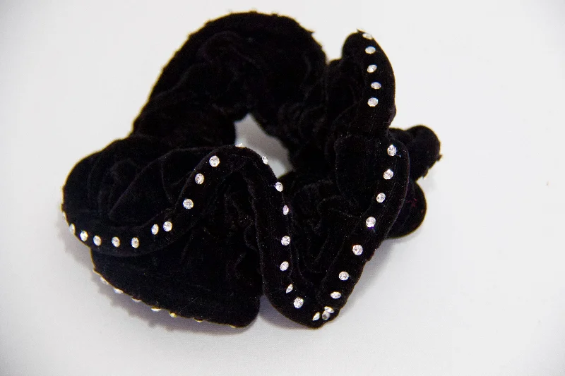 stylish clips for thick long hair-Crystal Edged Velvet Scrunchie