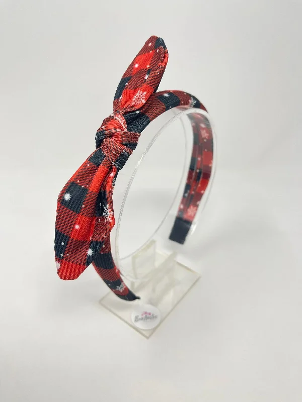 handmade velvet hair accessories-Christmas - Ribbed Bunny Ear Headband - Red/Black Tartan Snowflake