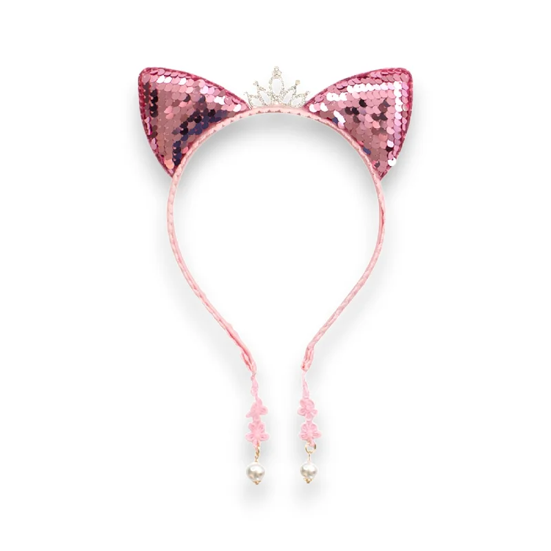 cute bunny ear hair clips for kids-Summer Crystal Sparkling Large Sequins Cat Ears Headband with Pearl Earring Pendants