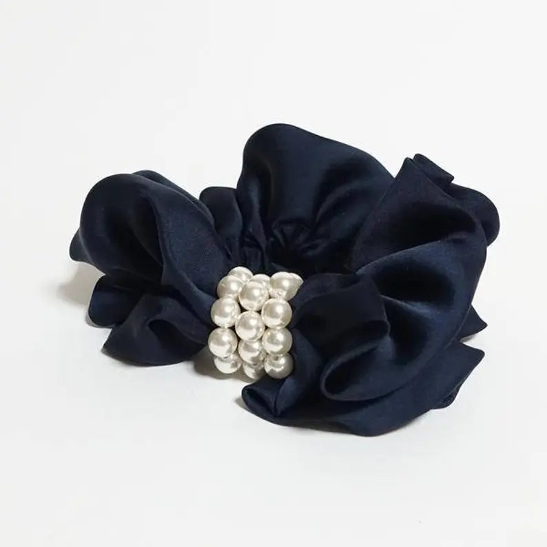 bold hairbands for statement looks-Satin Scrunchie with Pearls