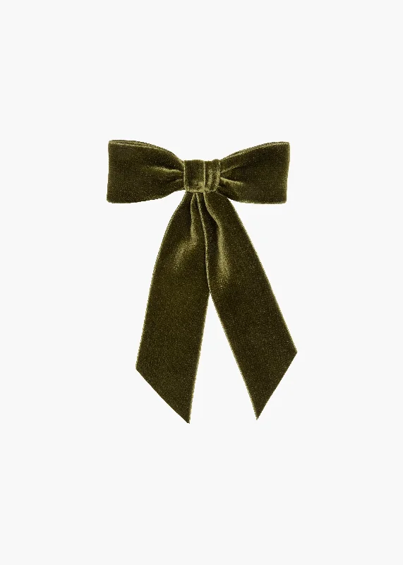 statement hair accessories for evening wear-Wide Velvet Bow Barrette -- Moss