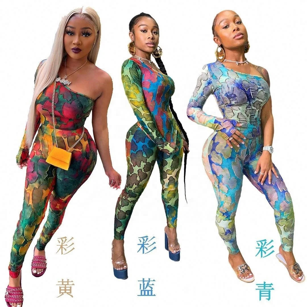 wigs for adding extra length to your hair-2024 Hot Sale Tie-Dye Printed Top Suit Half-Shoulder Long Sleeve Perspective Irregular Fashion Hip Lifting Two Piece Pants Set