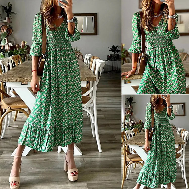 wigs for women with fine or thinning hair-2024 New Design Spring New Fashion Women'S V-Neck Waist-Skimming Floral Print Pendulum Long Dresses