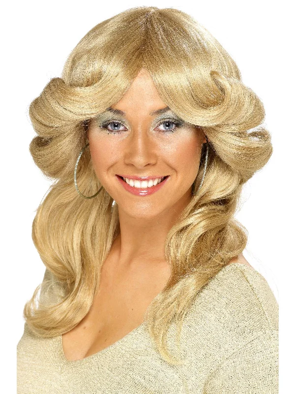 curly wigs for women who love texture-70s Flick Wig, Long, Blonde