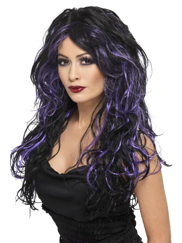 wigs for comfortable, all-day wear-Gothic Bride Wig, Purple, Long, Streaked