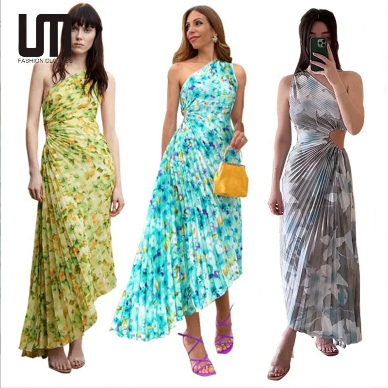 short bob wigs for edgy looks-Liu Ming New Wholesale 2024 Trending Spring Elegant Women Sexy One Shoulder Floral Print Pleated Maxi Dress