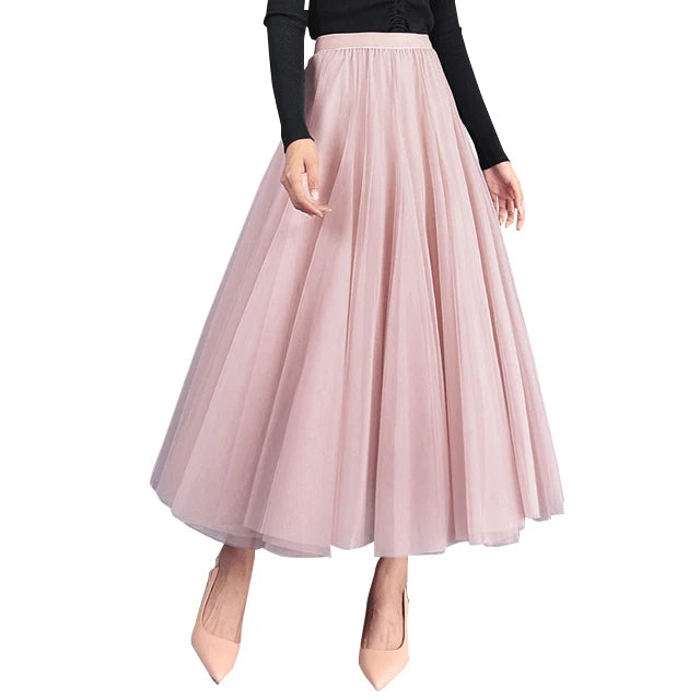 wigs for natural volume and bounce-Manufacturer Wholesale Dance Fashion Solid Saias Mujer Long Maxi Pleated Midi High Waist Elastic Tulle Tutu Skirts Womens