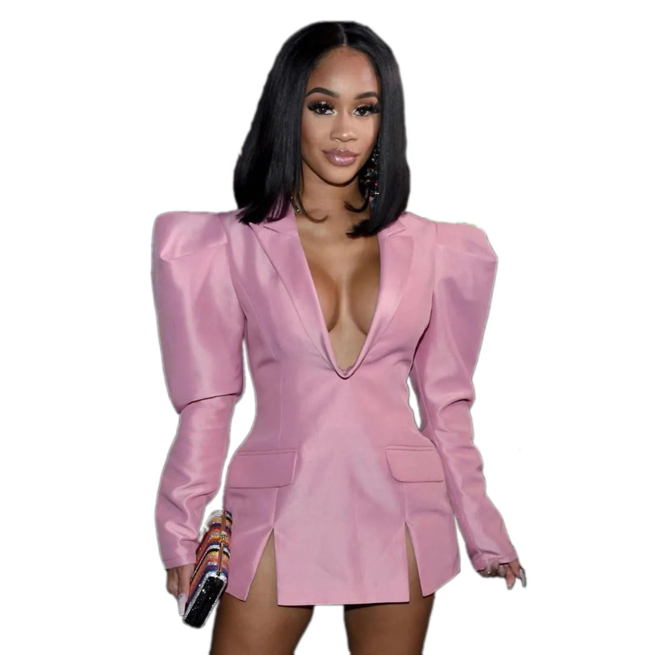 glamorous blonde wigs for stylish looks-Oudina Hot Sale Fashion V-neck Design Sense Long Sleeve Jacket Women Pink Blazer Dress