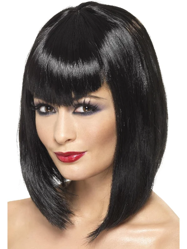 glamorous long wigs for dramatic looks-Vamp Wig, Black, Short with Fringe