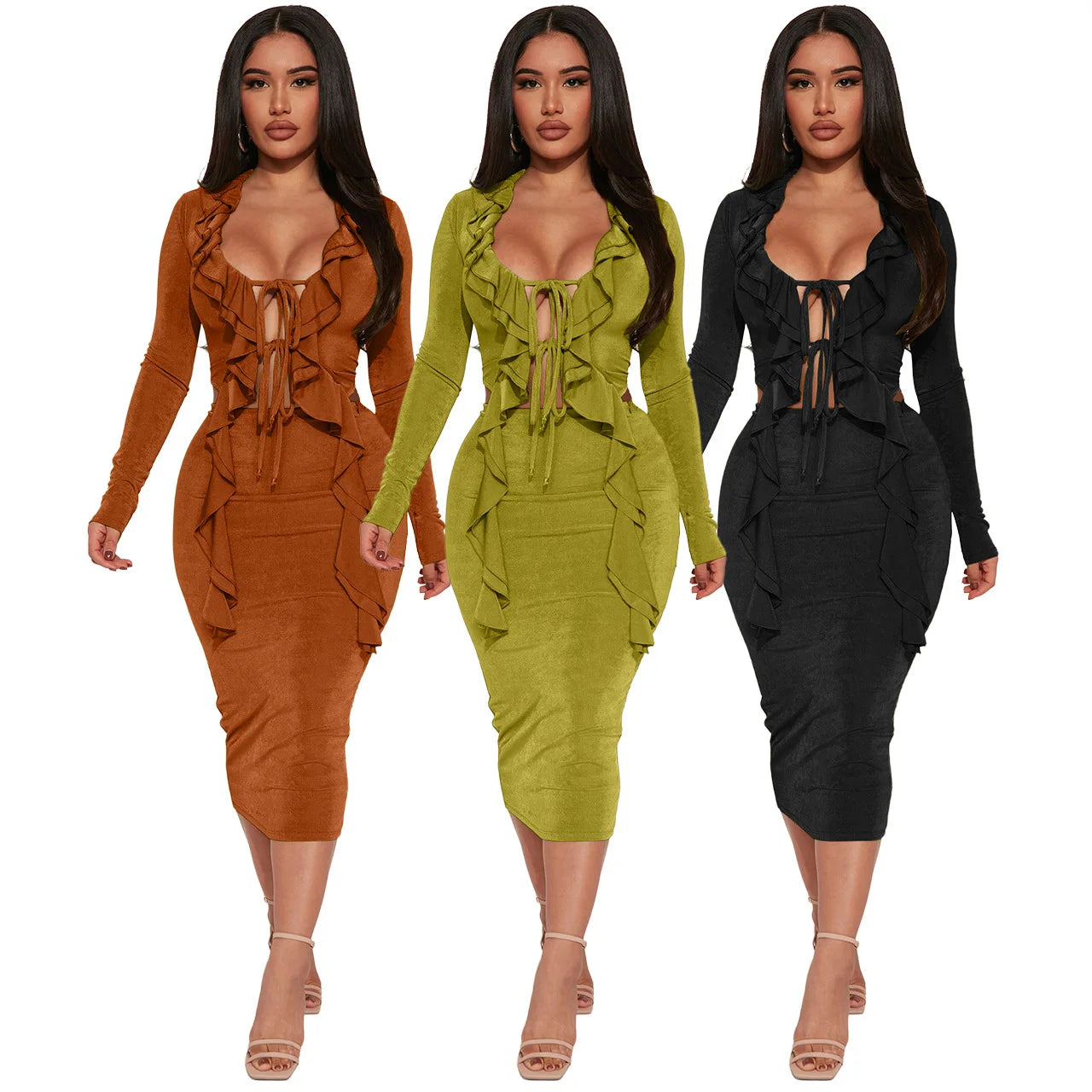 wigs for formal office looks-Wholesale 2024 New Spring Women's Halter Dresses Sets Ruffle Sexy Two Piece Halter Dresses Sets Elegant Women's Clothing