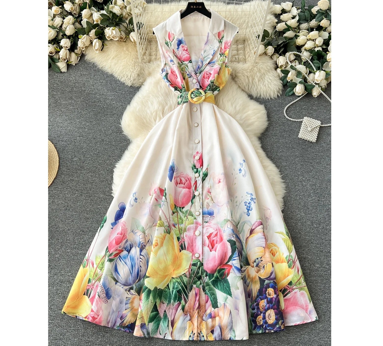 wigs for vintage-inspired looks-Wholesale 2024 Spring/summer Temperament Sleeveless Suit Collar Waist Single Breasted A-line Printed Women's Dresses