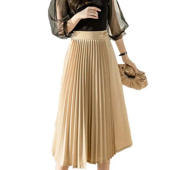 wigs for women with fine or thinning hair-Wholesale Casual Fashion Faldas S-XL Elegant Office Ladies Skirt Patchwork Saias High Waist Pleated Midi Skirts Womens